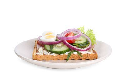 Photo of Tasty sandwich with ham and quail eggs isolated on white