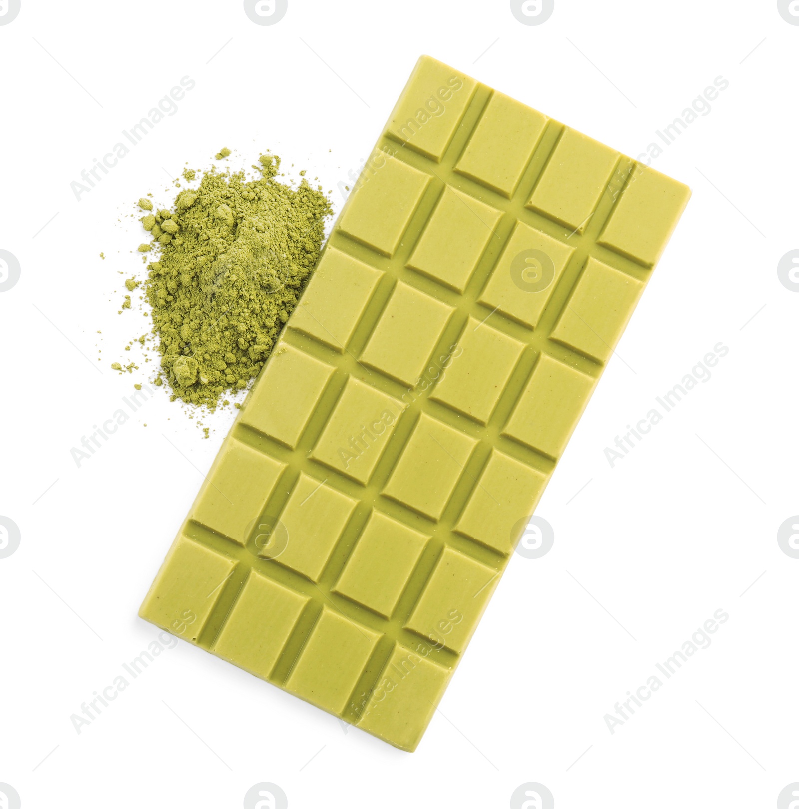 Photo of Tasty matcha chocolate bar and powder isolated on white, top view