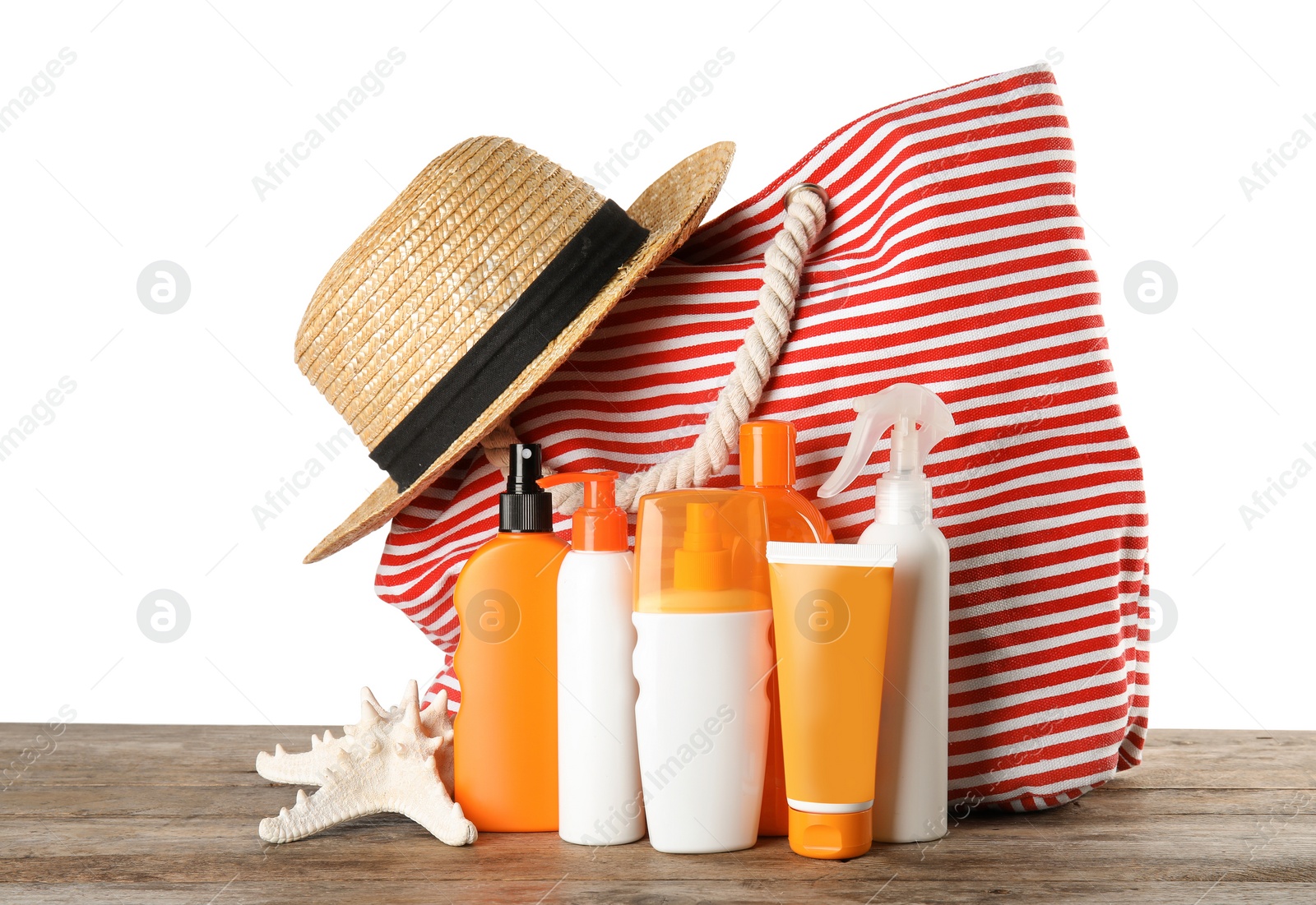 Photo of Composition with sun protection products on white background. Body care