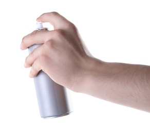 Photo of Man with can of spray paint on white background, closeup