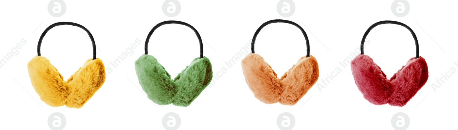 Image of Set with different colorful soft earmuffs on white background. Banner design