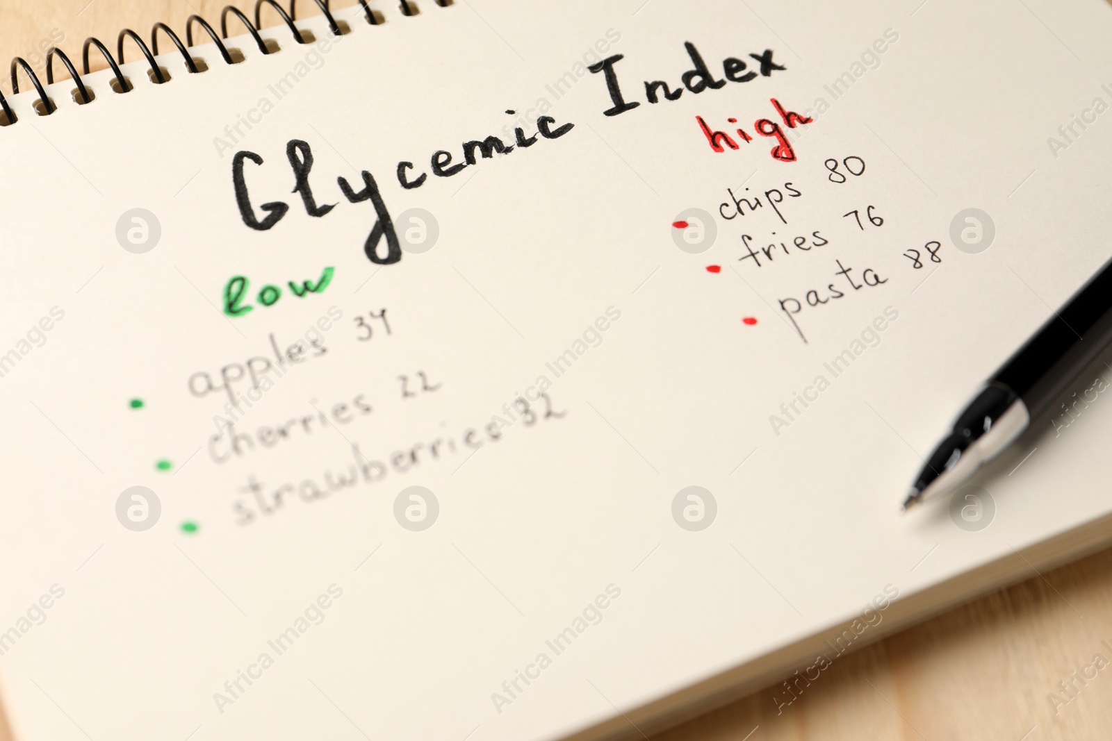 Photo of List with products of low and high glycemic index in notebook and pen on table, closeup