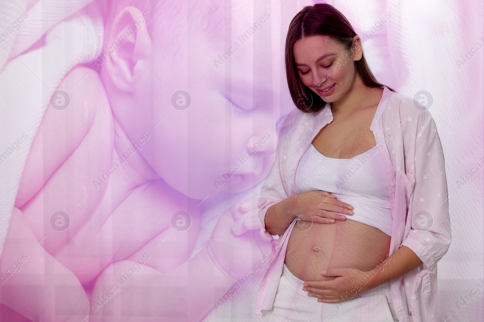 Image of Double exposure of pregnant woman and cute baby. Color toned