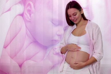 Double exposure of pregnant woman and cute baby. Color toned