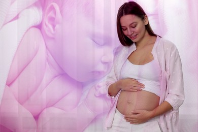 Image of Double exposure of pregnant woman and cute baby. Color toned