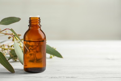 Photo of Bottle of eucalyptus essential oil and leaves on white wooden table. Space for text