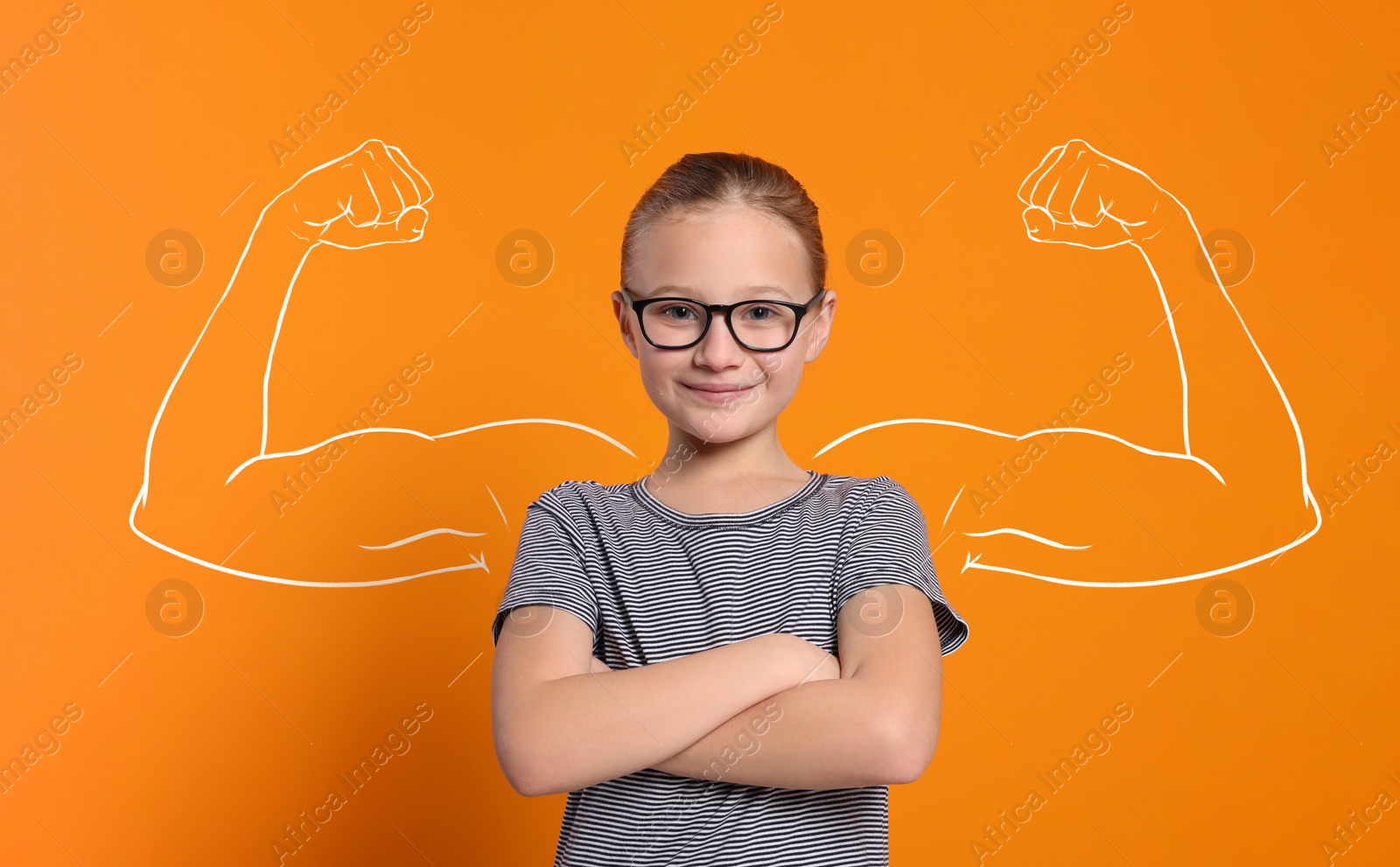 Image of Cute little girl and illustration of muscular arms behind her on orange background