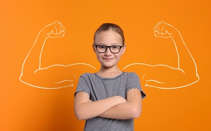 Image of Cute little girl and illustration of muscular arms behind her on orange background
