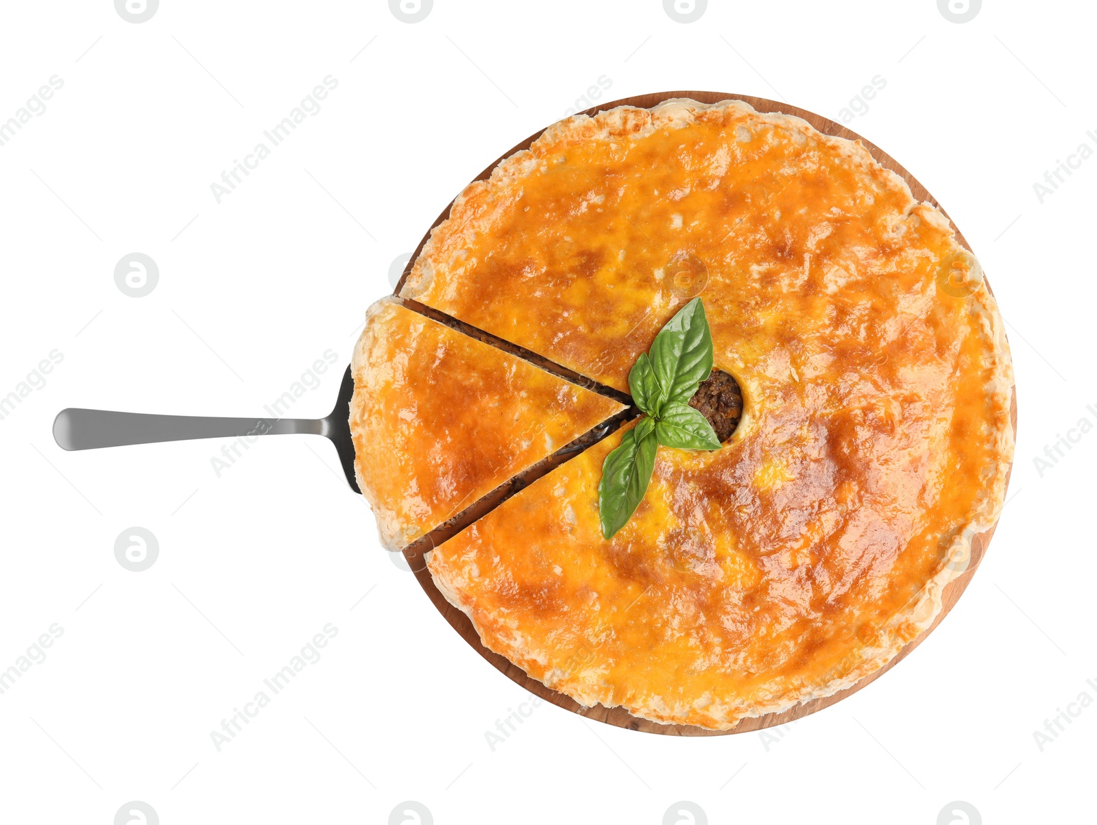 Photo of Delicious pie with minced meat isolated on white, top view