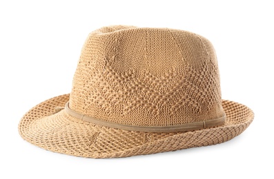 Photo of Stylish summer hat on white background. Beach accessory