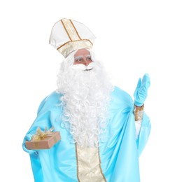 Photo of Portrait of Saint Nicholas with present on white background