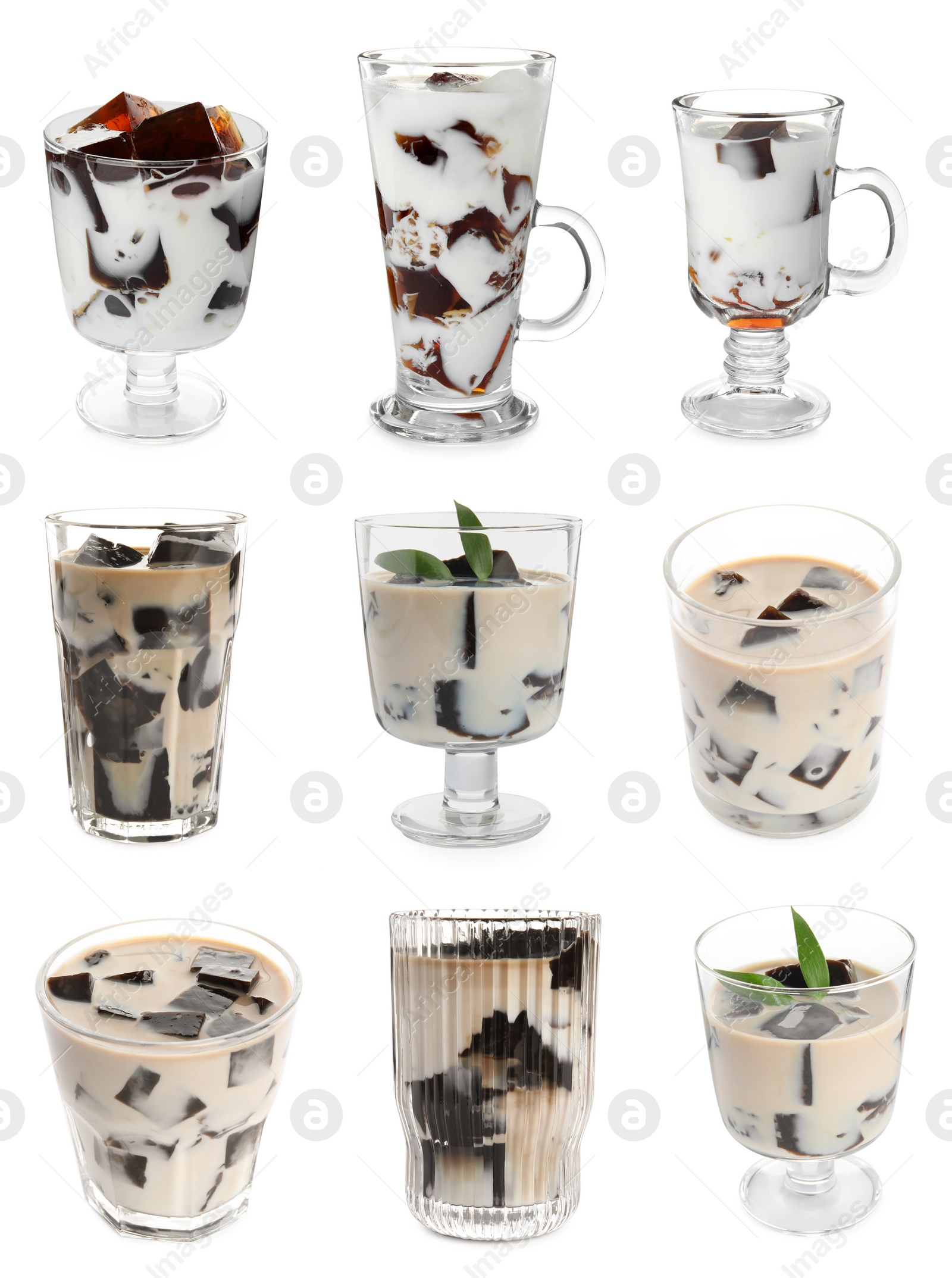 Image of Glasses of milk with tasty grass jelly on white background