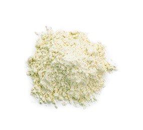 Photo of Pile of mung bean flour isolated on white, top view