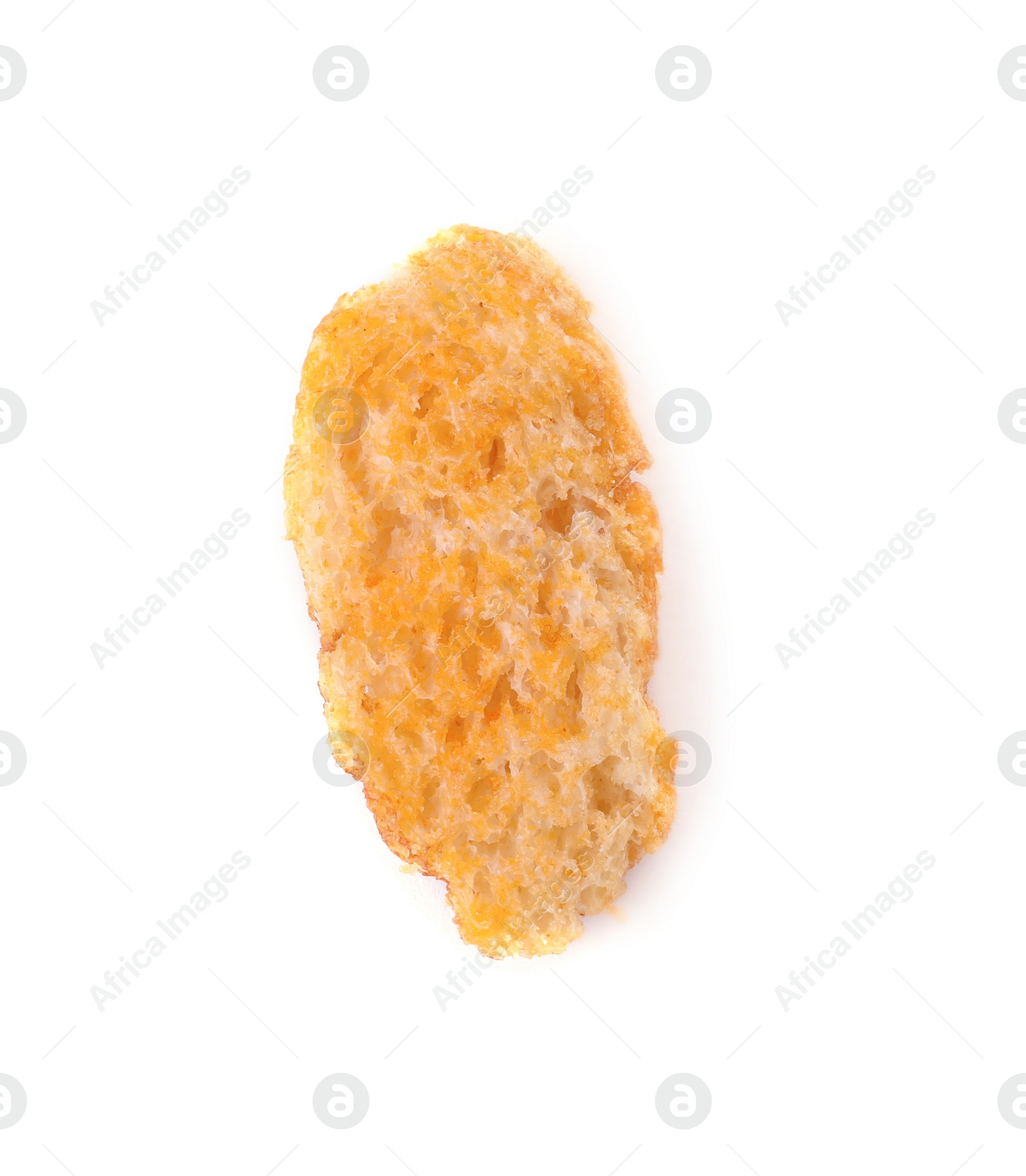 Photo of One delicious crispy rusk isolated on white, top view