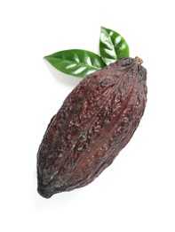 Photo of Cocoa pod and leaves on white background, top view