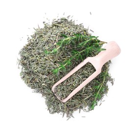 Photo of Scoop and pile of thyme isolated on white, top view
