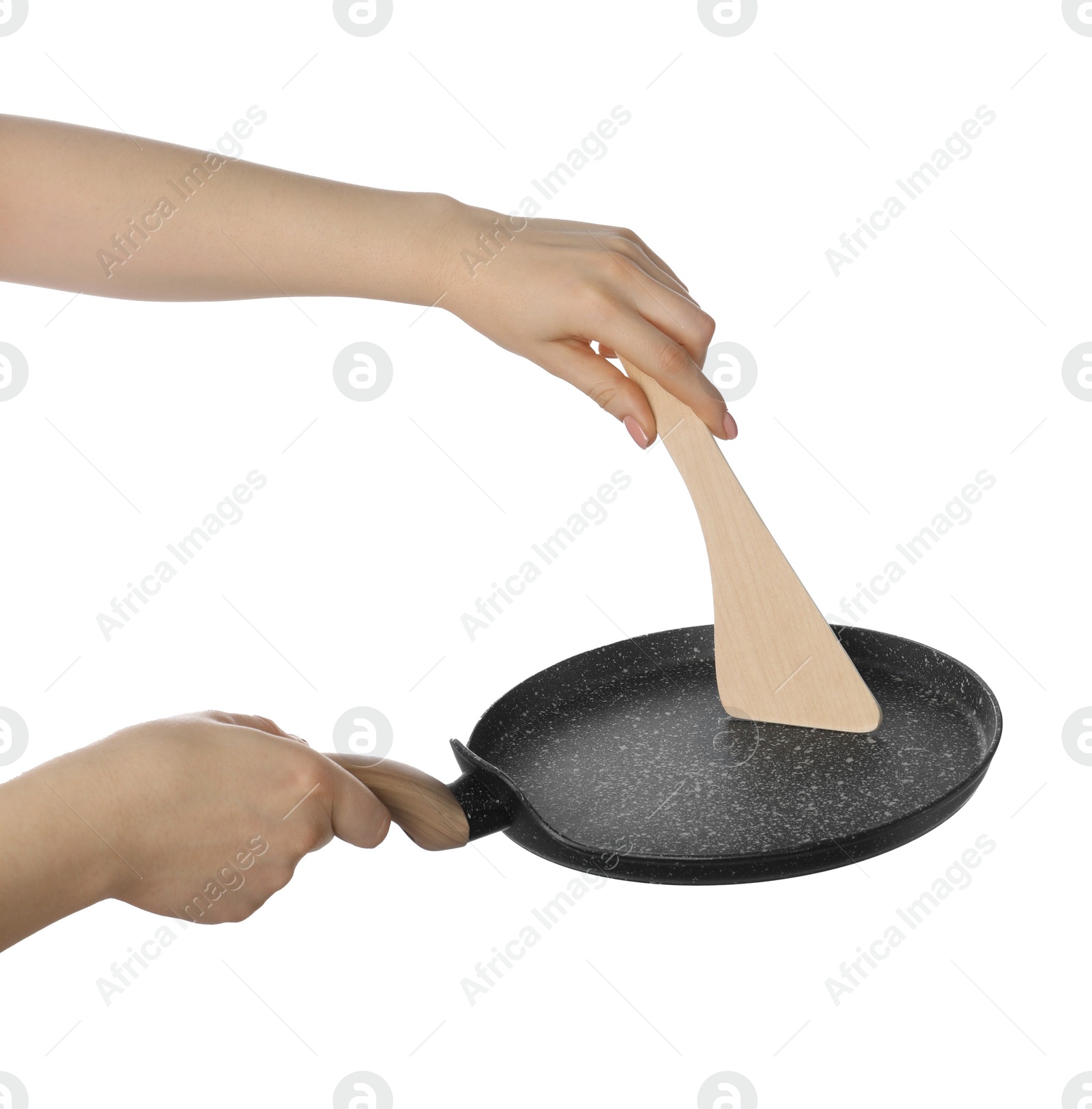 Photo of Woman with spatula and frying pan on white background, closeup