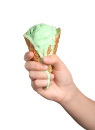 Photo of Woman holding melting ice cream on white background, closeup