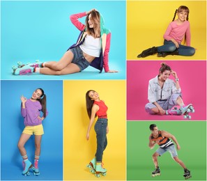 Image of Photos of people with roller skates on different color backgrounds, collage design