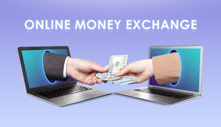 Online money exchange. Man and woman with dollars, closeup. Hands sticking out of laptops on color background, banner design