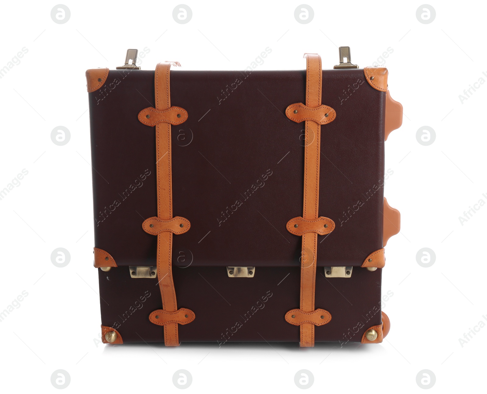 Photo of Open suitcase for travelling on white background