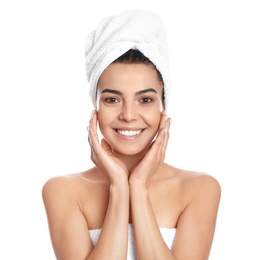 Photo of Happy young woman with towel on white background
