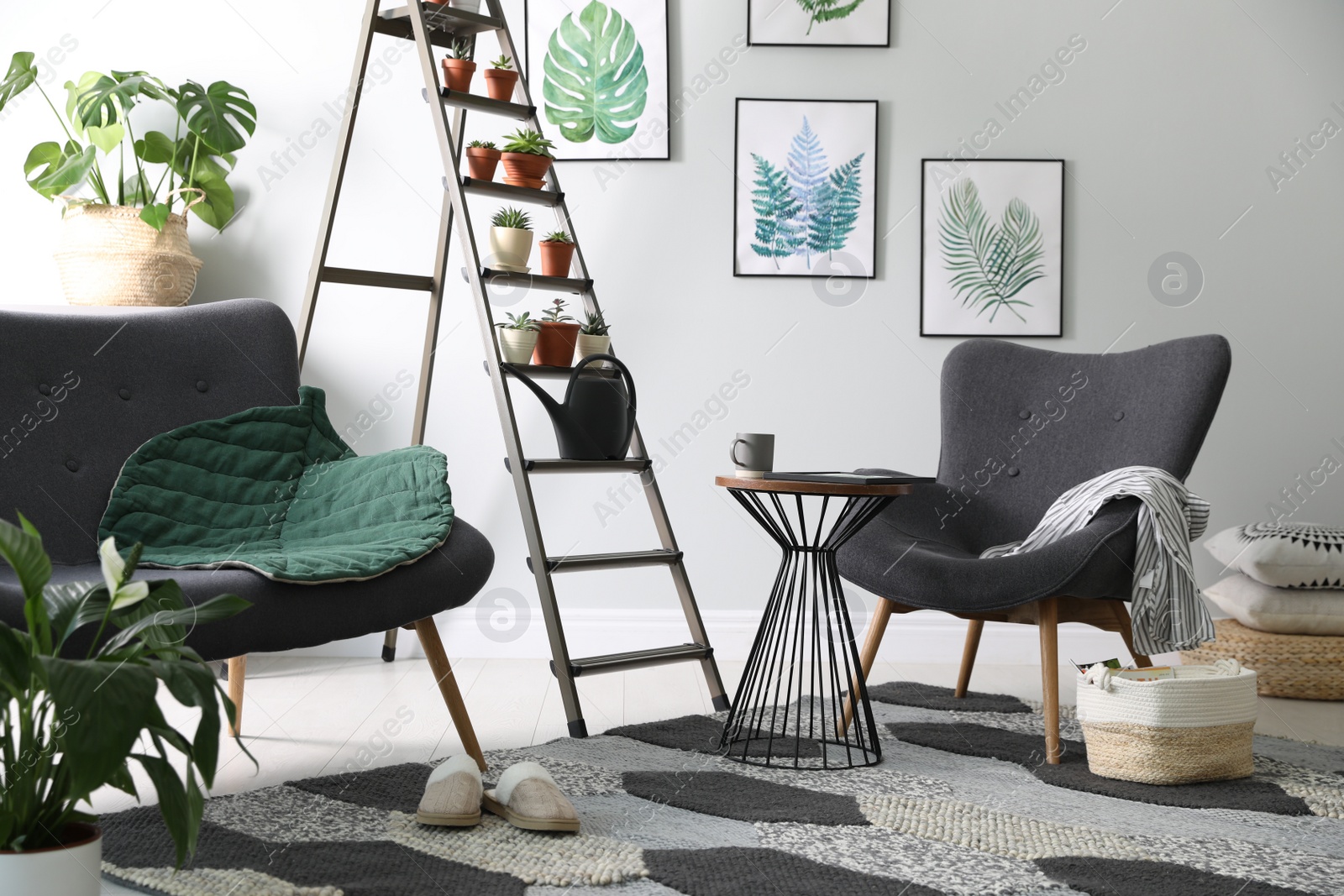Photo of Stylish living room interior with decorative ladder