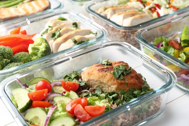 Healthy meal. Containers with different products on white wooden table, closeup