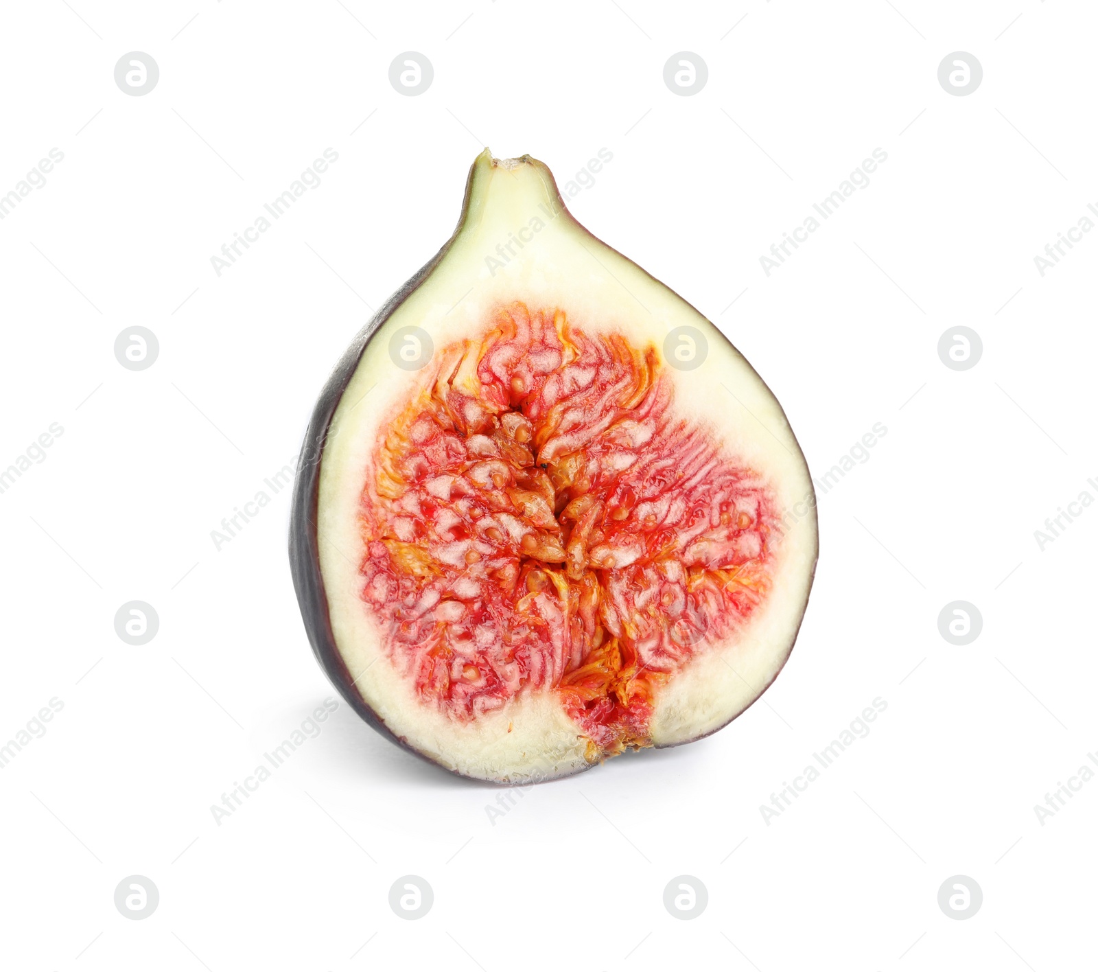 Photo of Half of ripe purple fig on white background