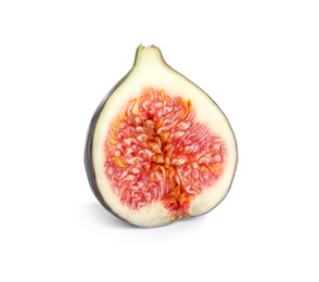 Photo of Half of ripe purple fig on white background