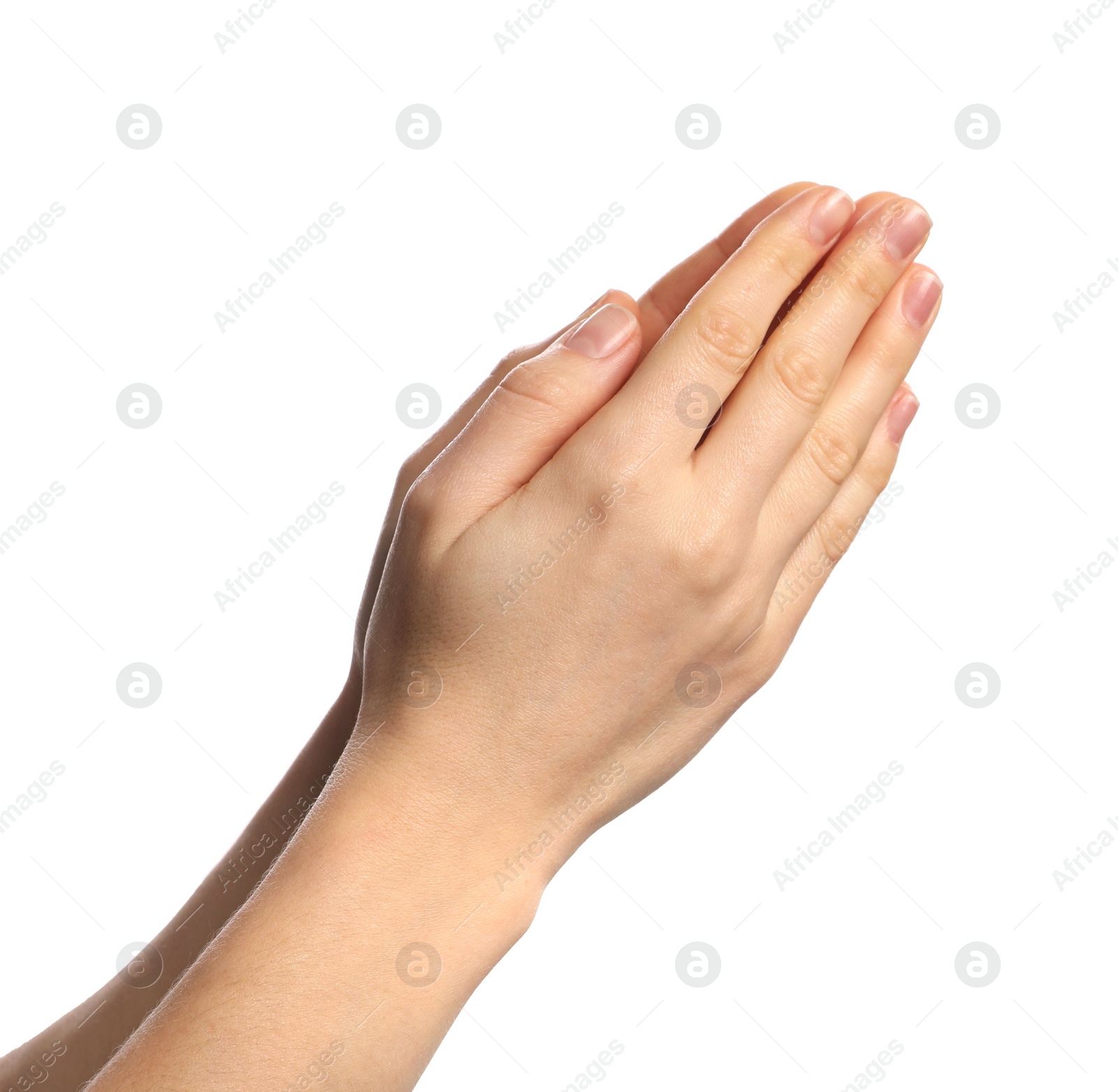 Photo of Religion. Christian woman praying on white background, closeup