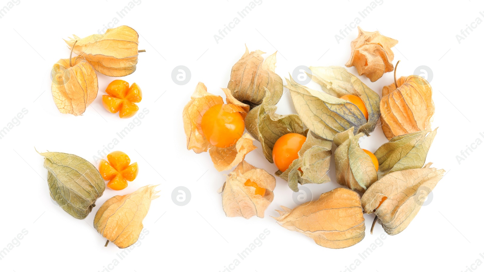 Image of Set with tasty ripe physalis fruits on white background, top view