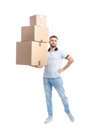 Photo of Full length portrait of young man holding carton boxes on white background. Posture concept