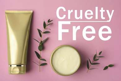 Image of Cruelty free concept. Personal care products not tested on animals, flat lay 