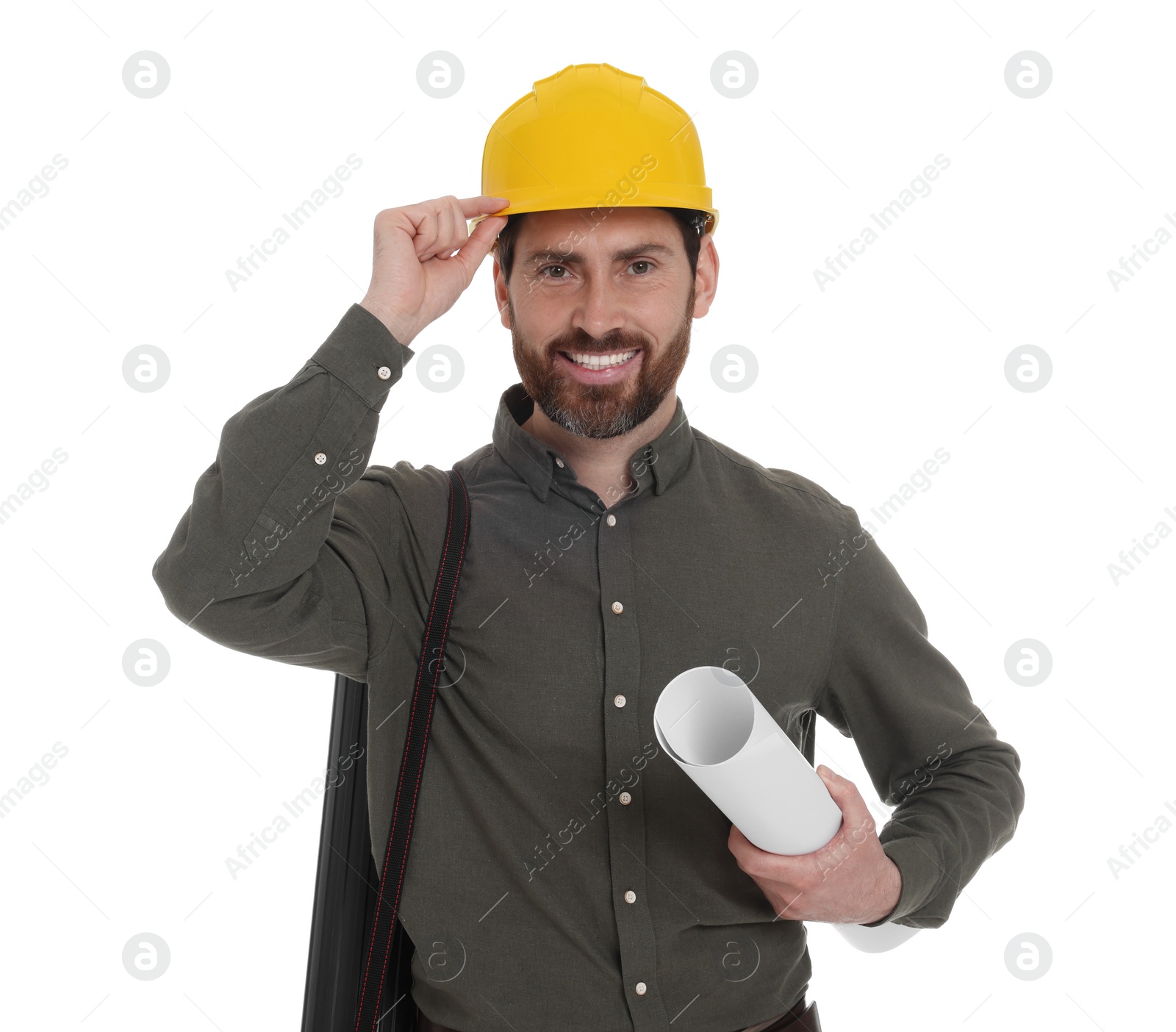 Photo of Architect in hard hat with drawing tube and draft on white background