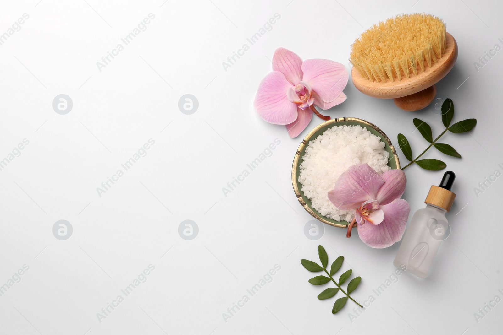 Photo of Flat lay composition with different spa products on white background. Space for text