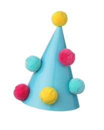 Photo of One blue party hat with pompoms isolated on white