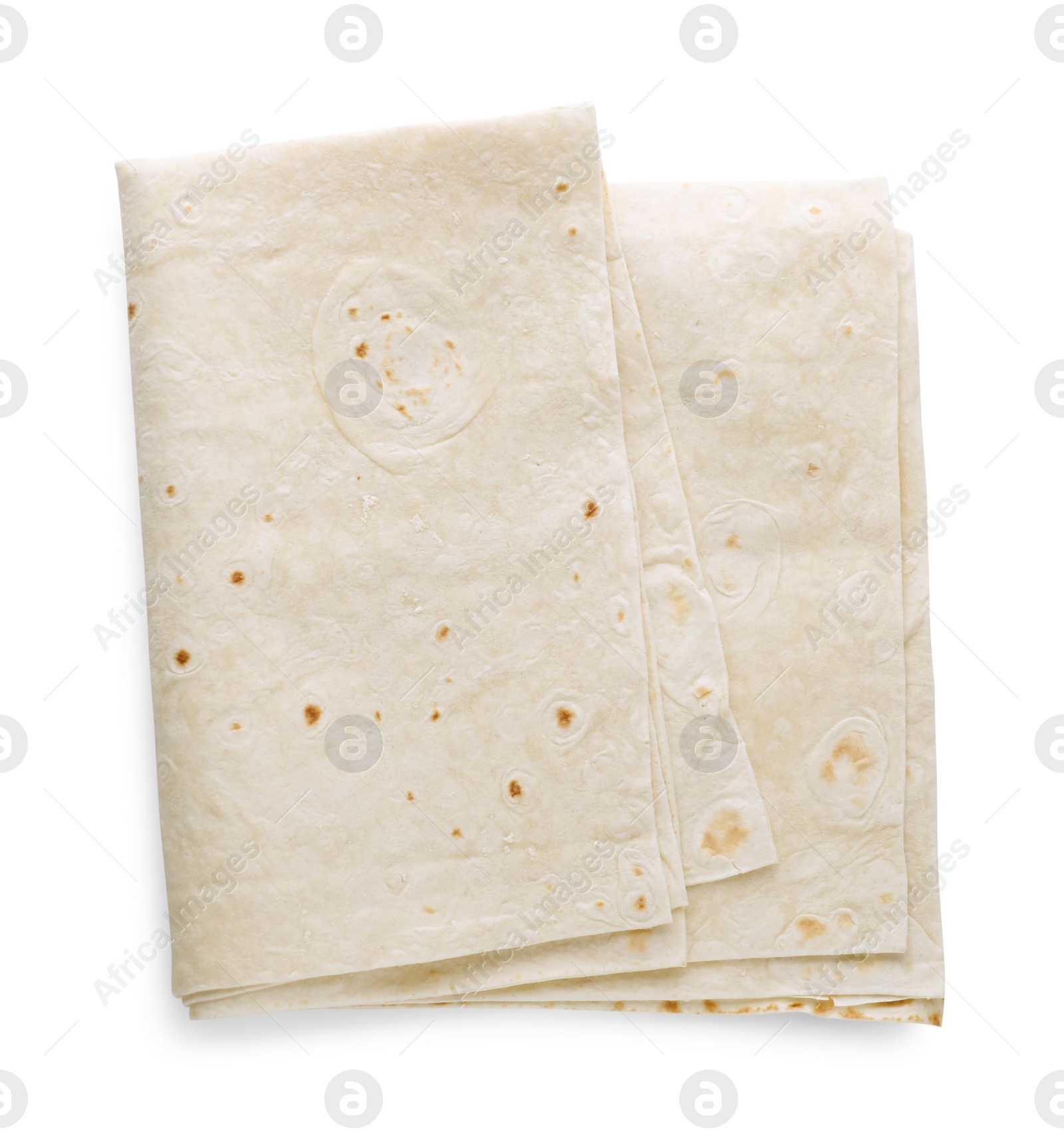 Photo of Delicious folded Armenian lavash on white background, top view