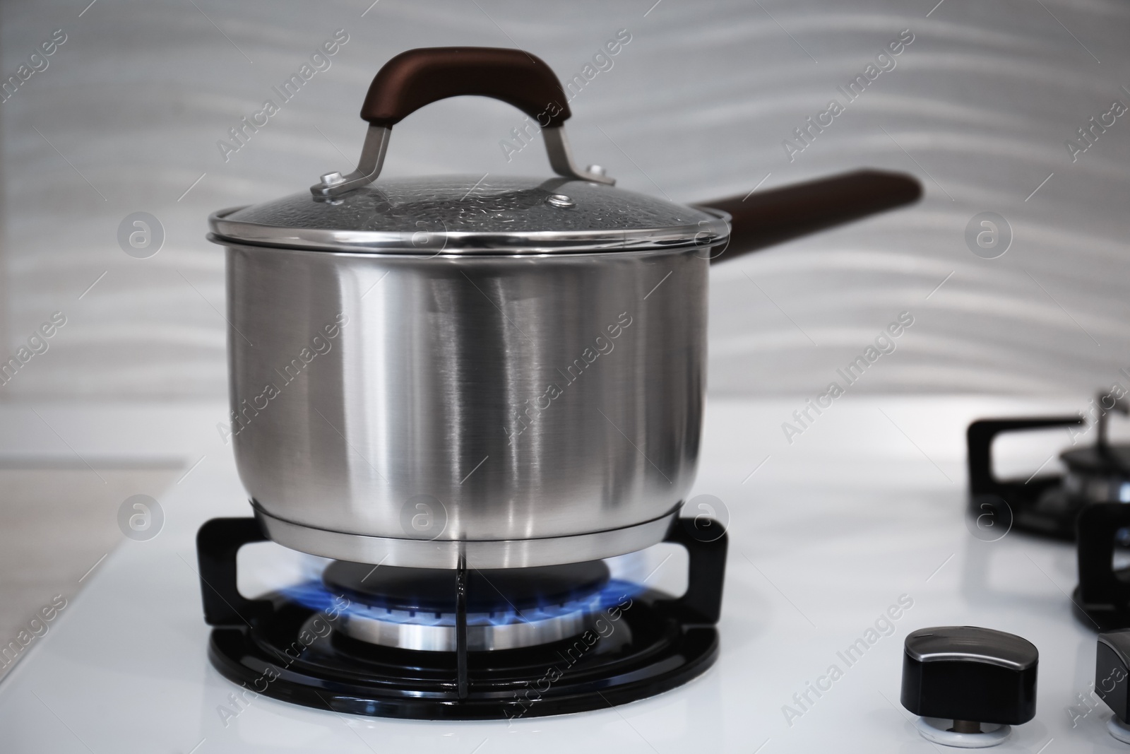 Photo of Pot on modern kitchen stove with burning gas