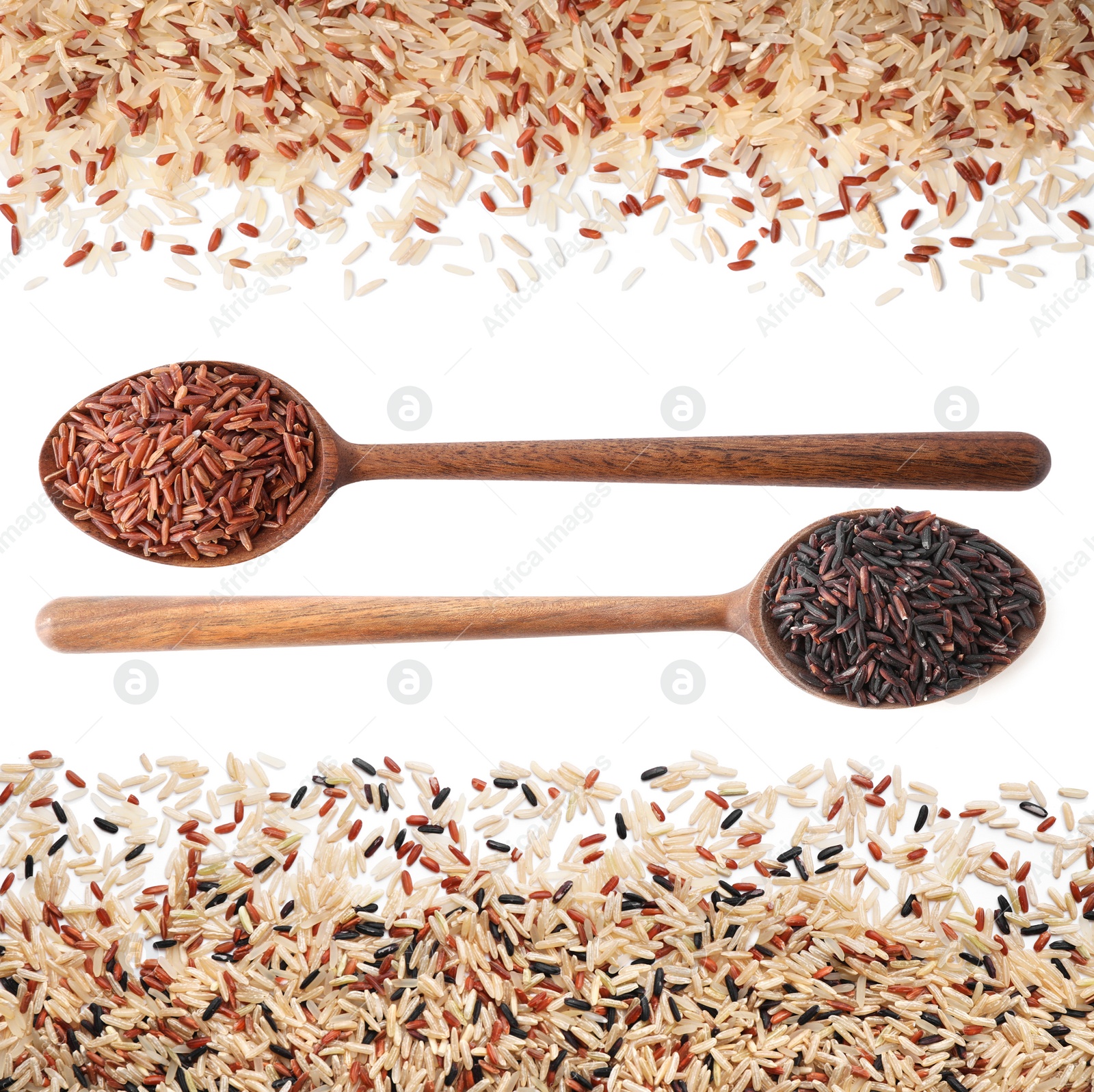 Image of Set with different types of rice on white background, top view