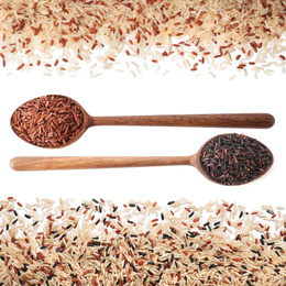 Image of Set with different types of rice on white background, top view