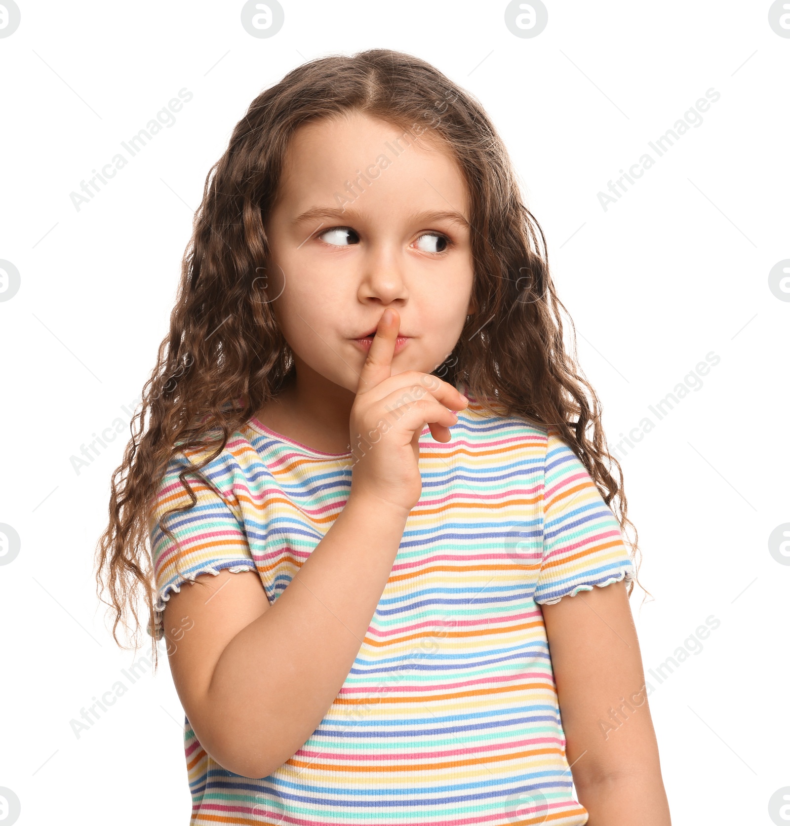 Photo of Portrait of cute little girl on white background