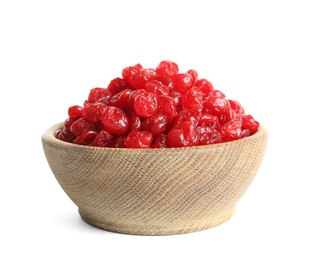 Bowl with tasty cherries on white background. Dried fruits as healthy food