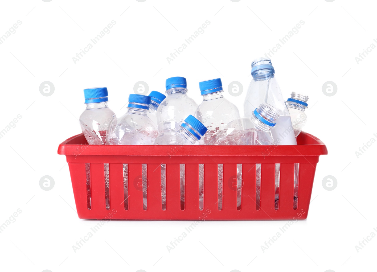 Photo of Crate with plastic bottles on white background. Trash recycling