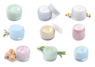 Image of Set with jars of body cream on white background 