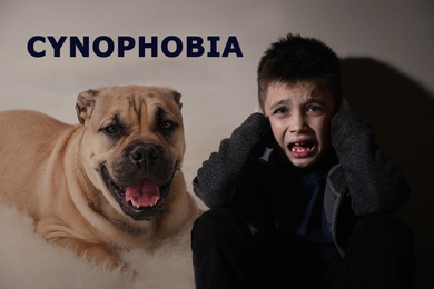 Image of Scared little boy suffering from cynophobia on beige background. Irrational fear of dogs