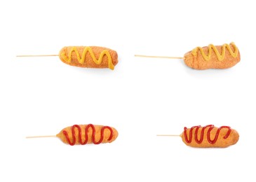 Set with delicious deep fried corn dogs on white background 