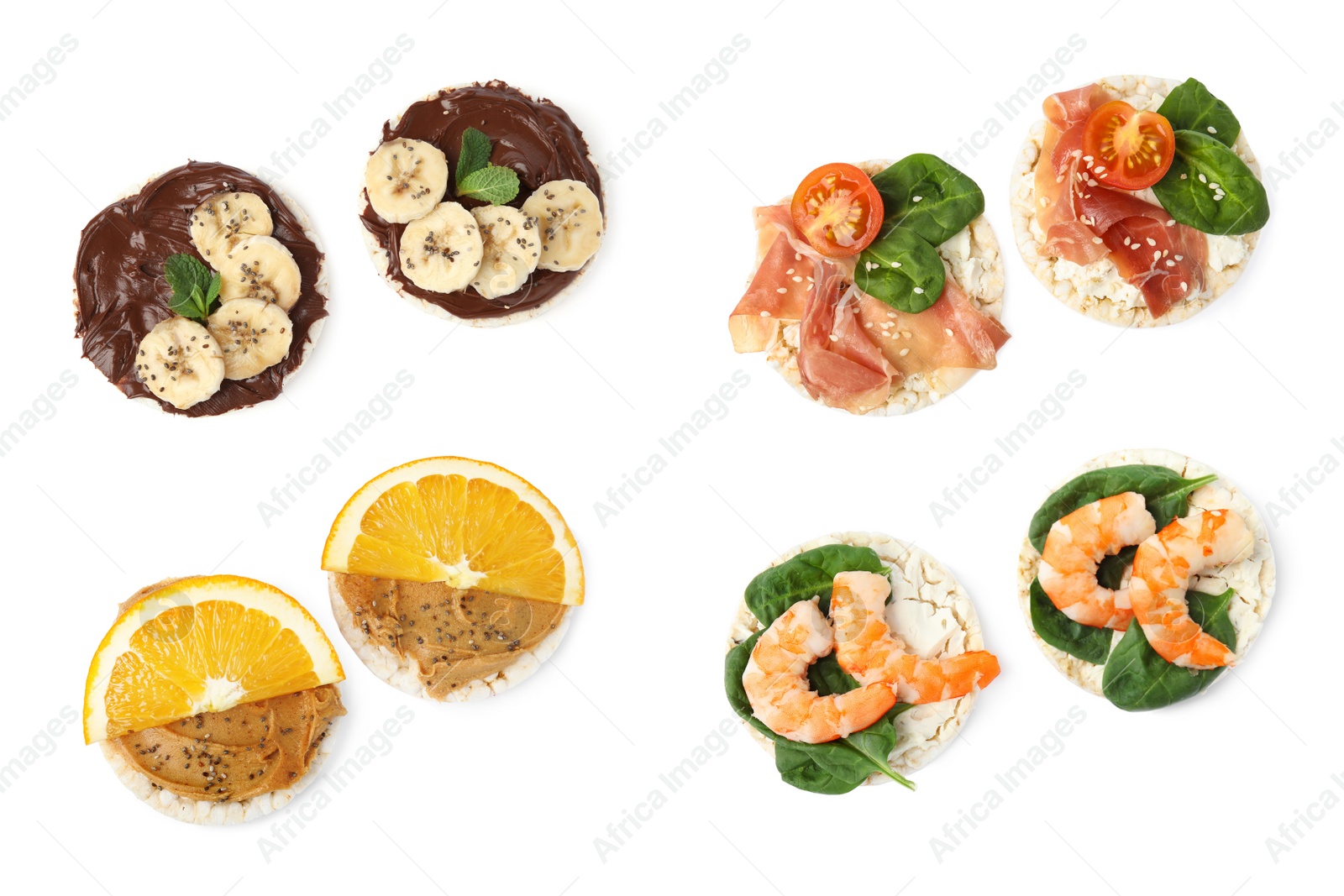 Image of Set of puffed rice cakes with different ingredients on white background, top view