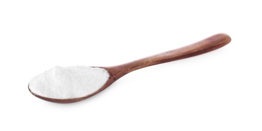 Photo of Wooden spoon with sweet fructose powder isolated on white