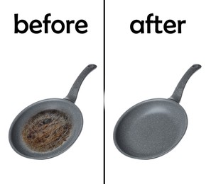 Image of Frying pan before and after cleaning on white background, collage